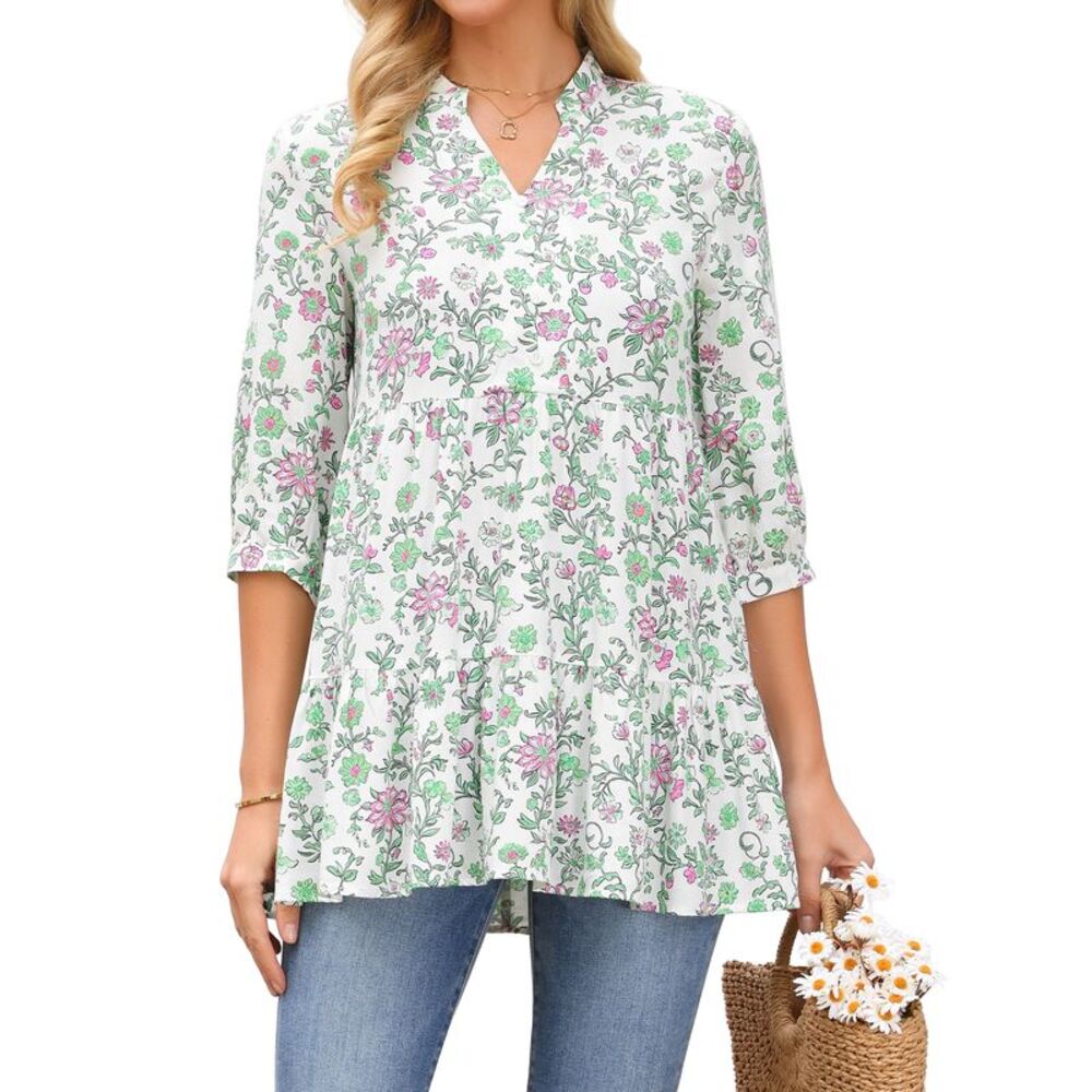 Women Floral Babydoll Notch Shirt Tiered V Neck 3/4 Sleeve Top White